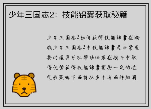 少年三国志2：技能锦囊获取秘籍